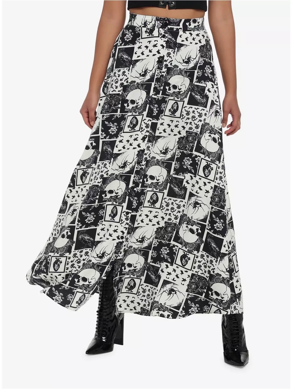 Hot Topic Skull Spider Raven Patchwork Midi Skirt Juniors Halloween Gothic